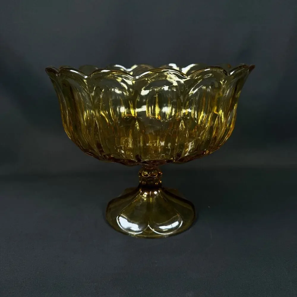 Vintage Amber Scalloped Edge Pedestal Bowl heavy weighted yellow glass